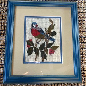 Vintage Handmade Needlepoint Bird on a Branch -Framed